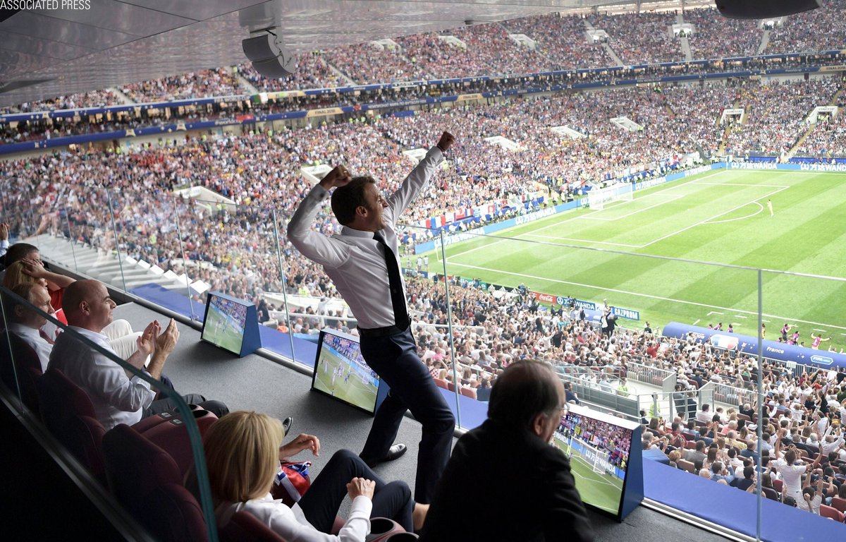 Incredible photo of @EmmanuelMacron celebrating at full-time in WorldCupFinal Photo: Alexei Nikolsky @tass_agency